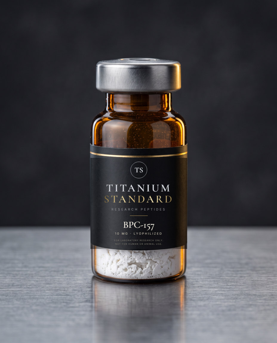 Amber research vial with a titanium-finish seal and the Titanium Standard label