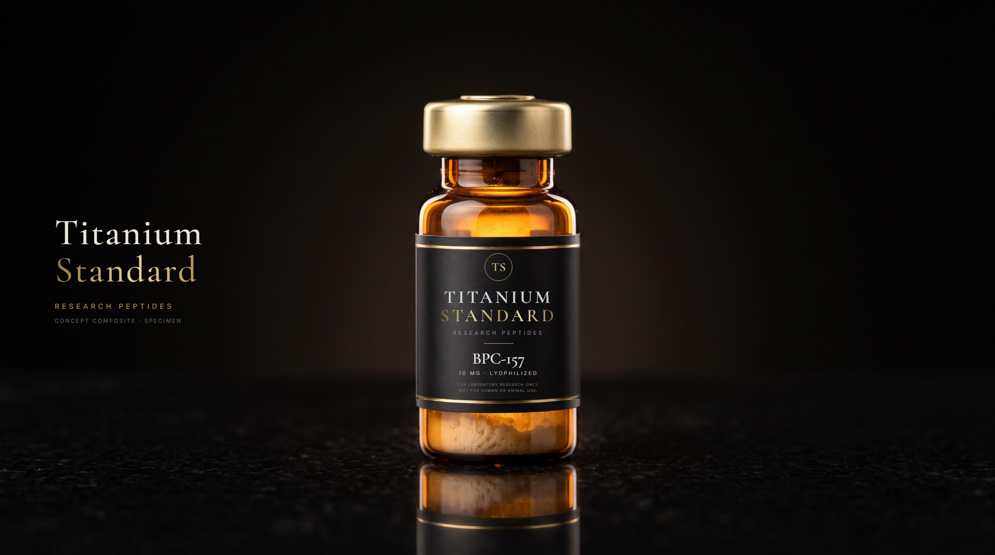 Amber glass vial with a gold flip-off seal and a carbon label, on black.